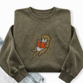 Embroidered Otter Read Book Washed Crewneck Sweatshirt