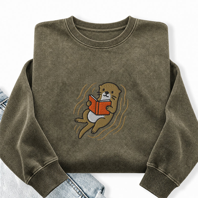 Embroidered Otter Read Book Washed Crewneck Sweatshirt