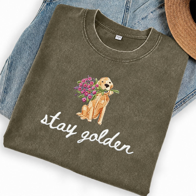 Embroidered Stay Golden Washed Crew Neck T-Shirt