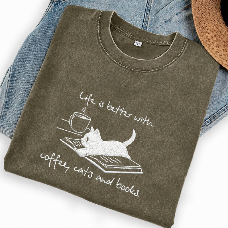 Embroidered Coffee Cat and Books Washed Crew Neck T-Shirt