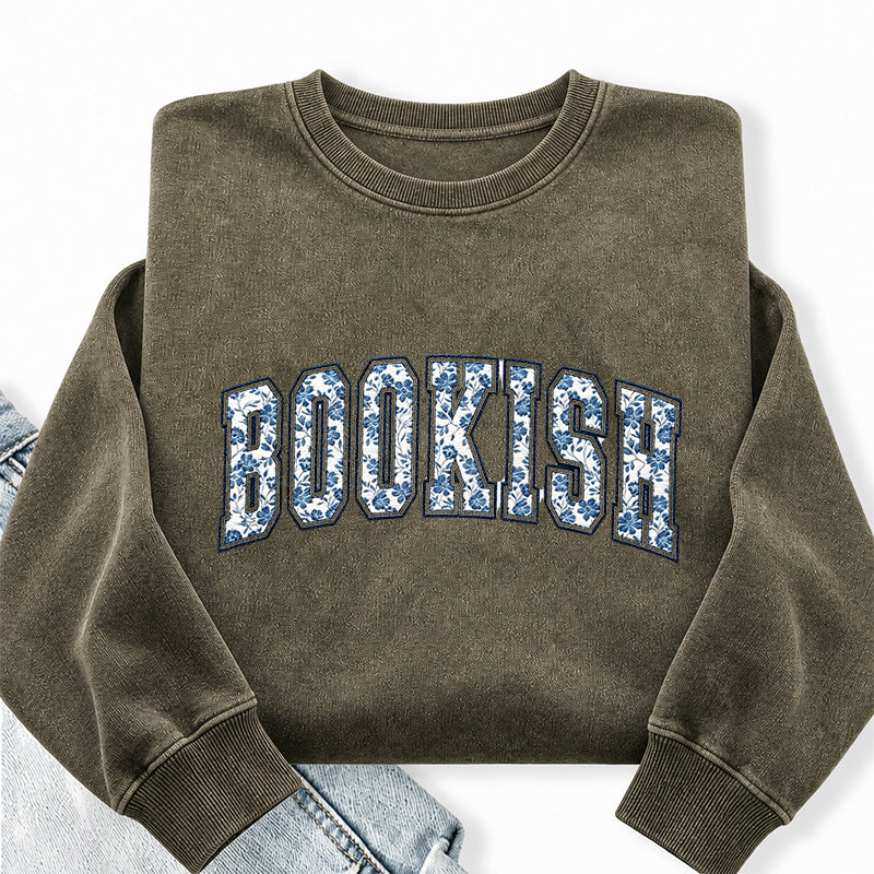 Embroidered Retro Bookish Washed Crewneck Sweatshirt