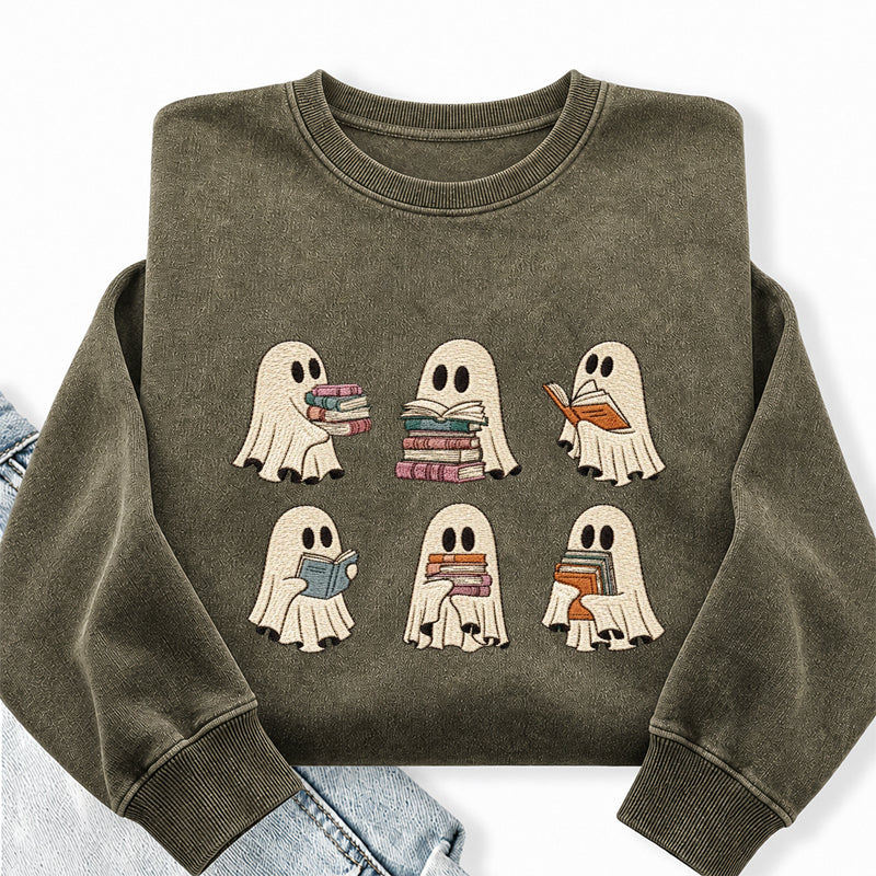 Embroidered Halloween Ghost Book Washed Crewneck Sweatshirt