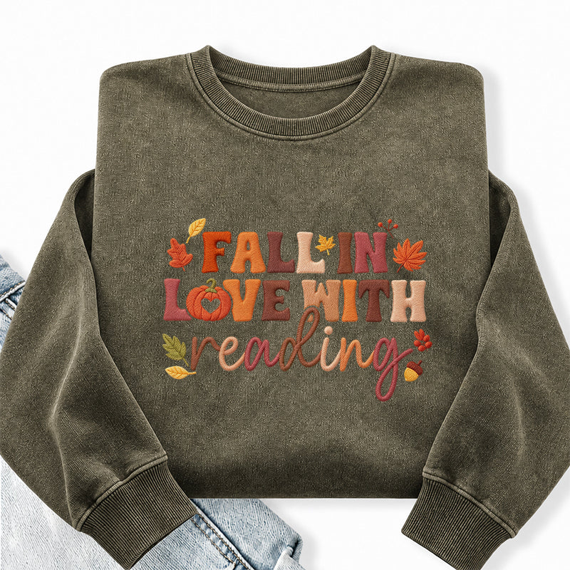 Embroidered Fall In Love With Reading Washed Crewneck Sweatshirt