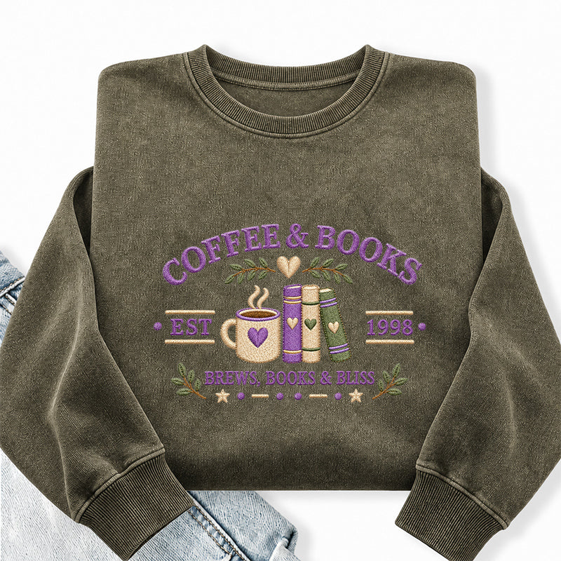 Embroidered Coffee and Books Washed Crewneck Sweatshirt