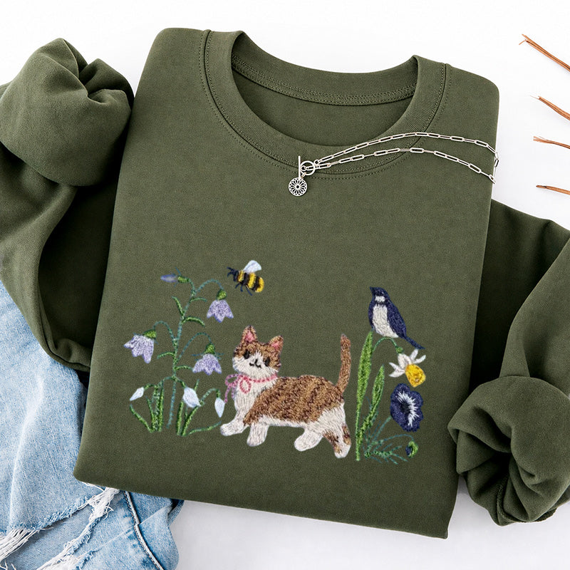 Embroidered Cat Wildflower Classic Crewneck Sweatshirt