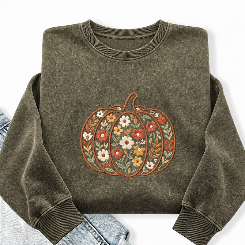 Embroidered Floral Pumpkin Washed Crewneck Sweatshirt