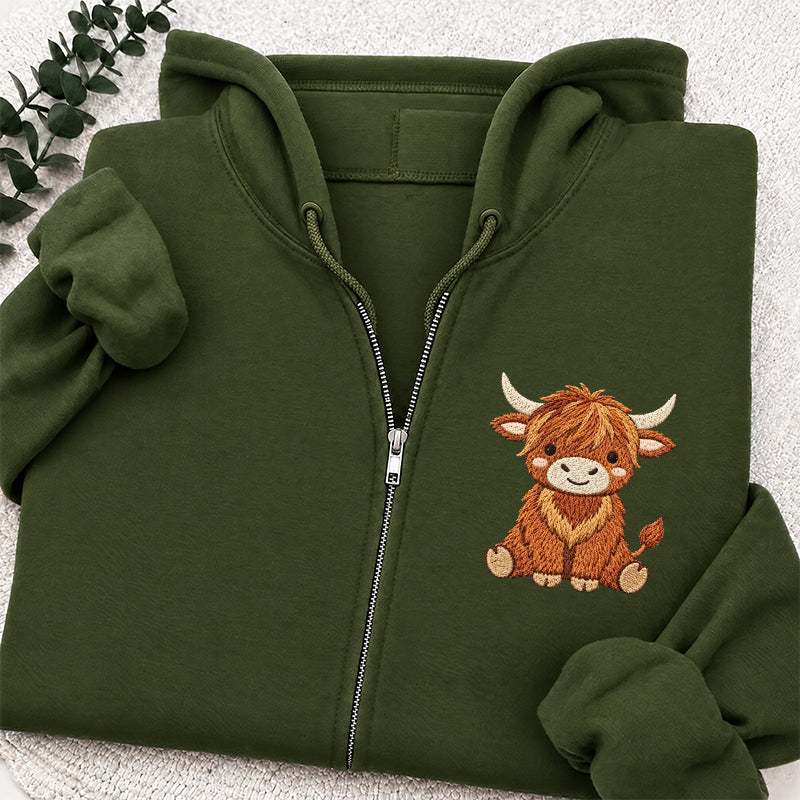 Embroidered Highland Cow Classic Full Zip Hoodie