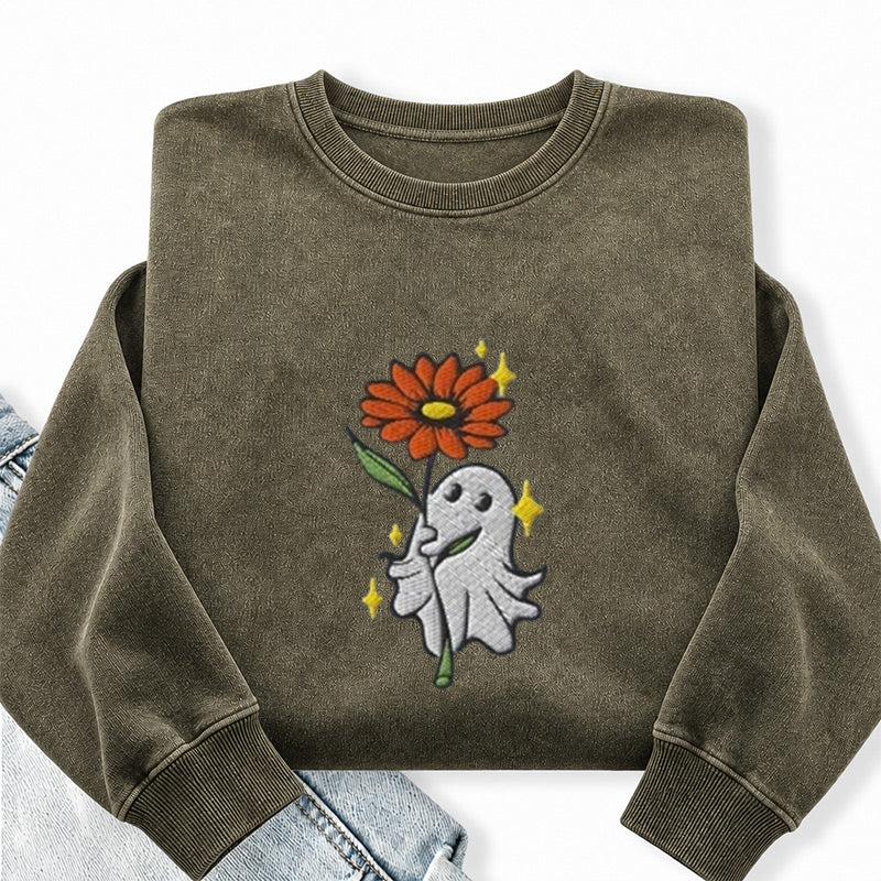 Embroidered Ghost Holding a Flower Washed Crewneck Sweatshirt