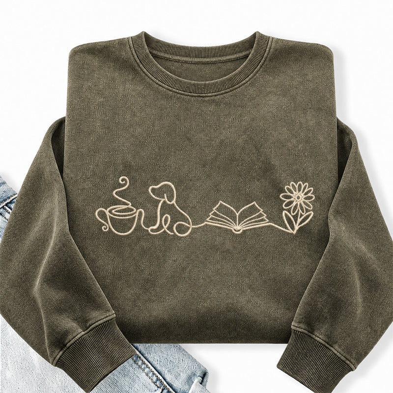 Embroidered Coffee Dog Book Flowers Washed Crewneck Sweatshirt