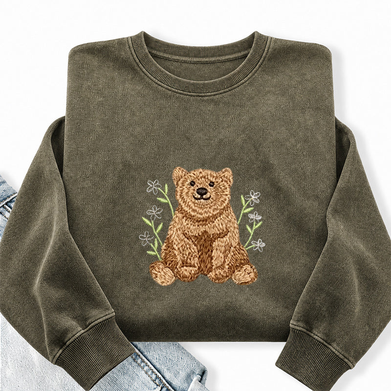 Embroidered Floral Bear Washed Crewneck Sweatshirt