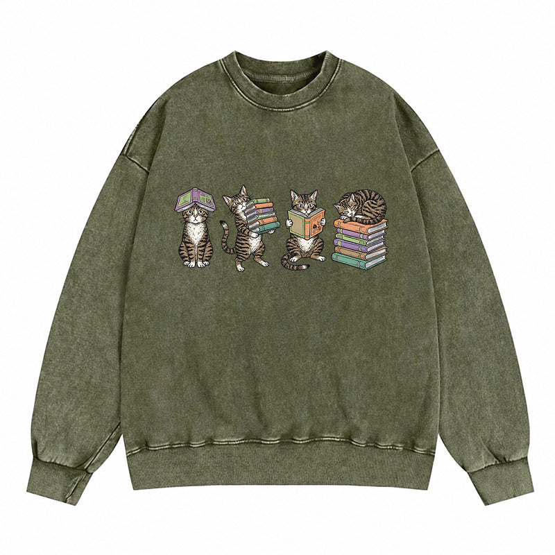 Cats Reading Books Washed Crewneck Sweatshirt
