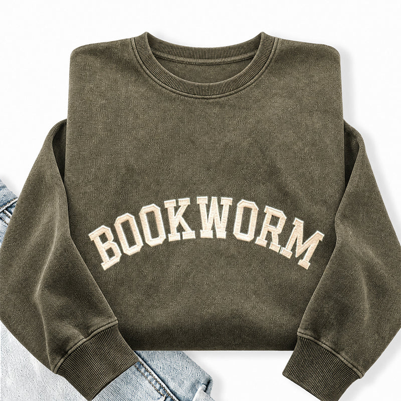 Embroidered Bookworm Washed Crewneck Sweatshirt