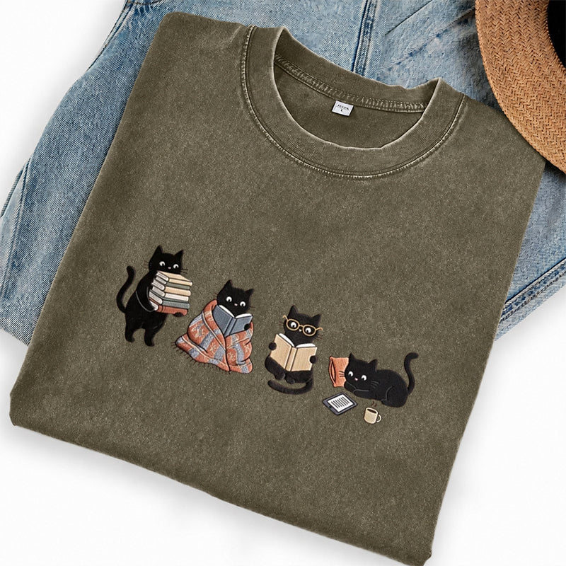 Embroidered Bookish Black Cats Washed Crew Neck T-Shirt
