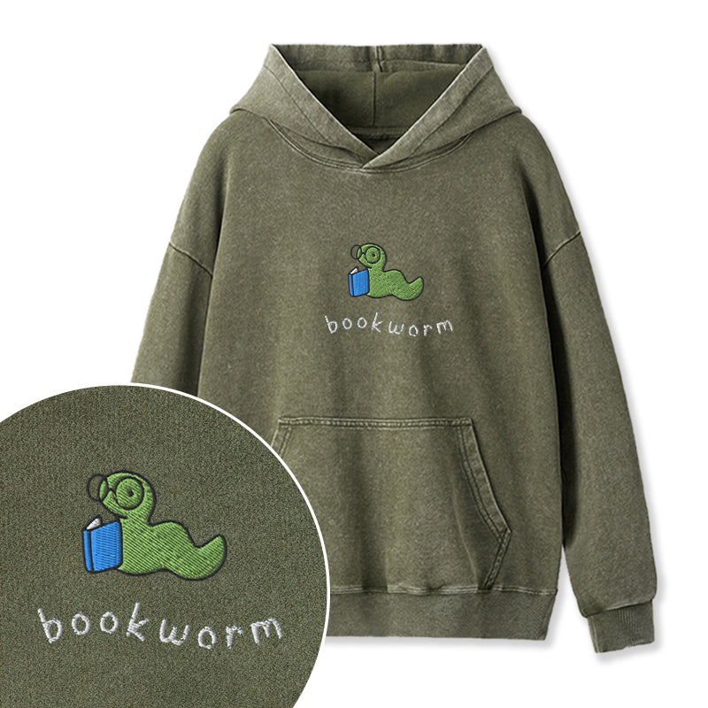 Embroidered Funny Bookworm Washed Hoodie