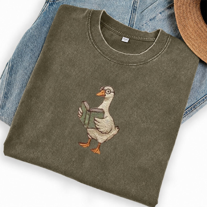 Embroidered Reading Goose Washed Crew Neck T-Shirt
