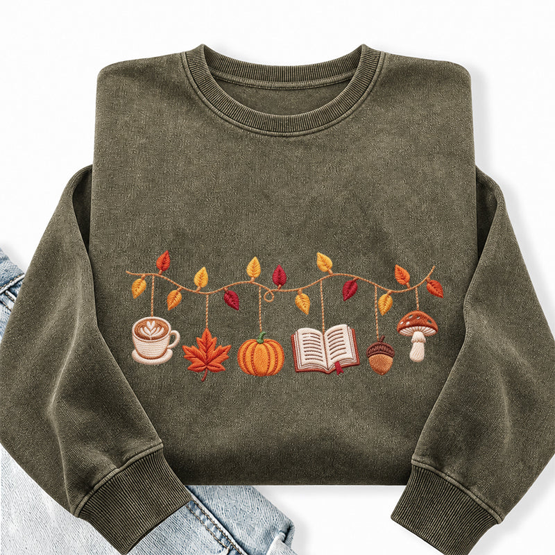 Embroidered Coffee Books Pumpkin Mushroom Washed Crewneck Sweatshirt