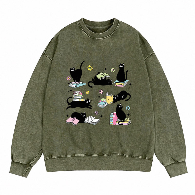 Book And Black Cats Washed Crewneck Sweatshirt