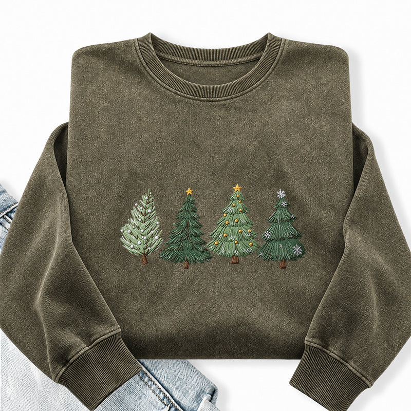 Embroidered Christmas Trees Washed Crewneck Sweatshirt