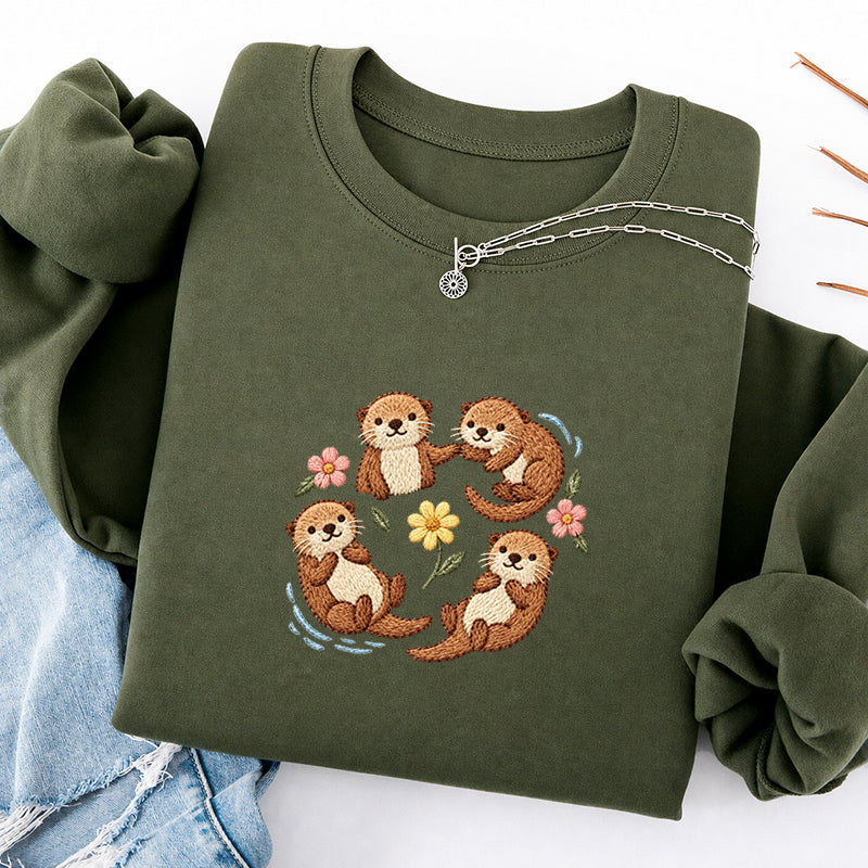 Embroidered Sea Otters And Flowers Classic Crewneck Sweatshirt