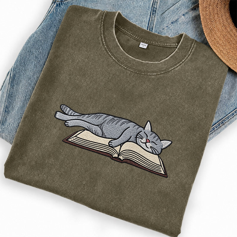 Embroidered Cat Sleeping On Book Washed Crew Neck T-Shirt