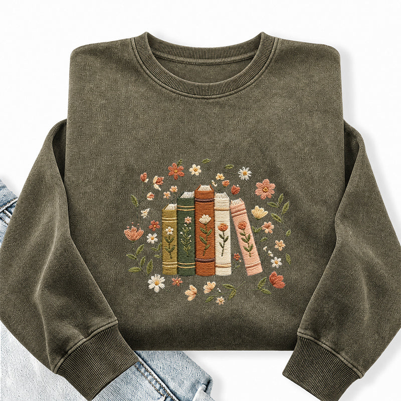 Embroidered Floral Book Stack Washed Crewneck Sweatshirt