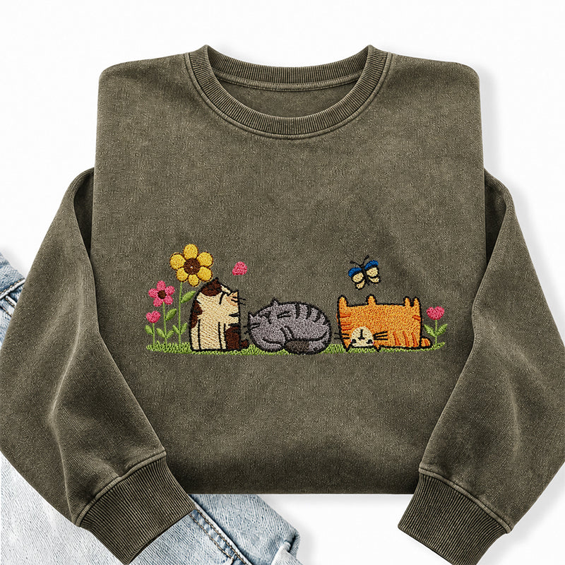 Embroidered Floral Cute Cat Washed Crewneck Sweatshirt