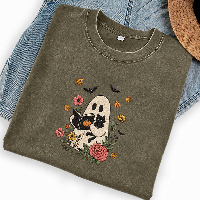 Embroidered Floral Ghost Reading Washed Crew Neck T-Shirt