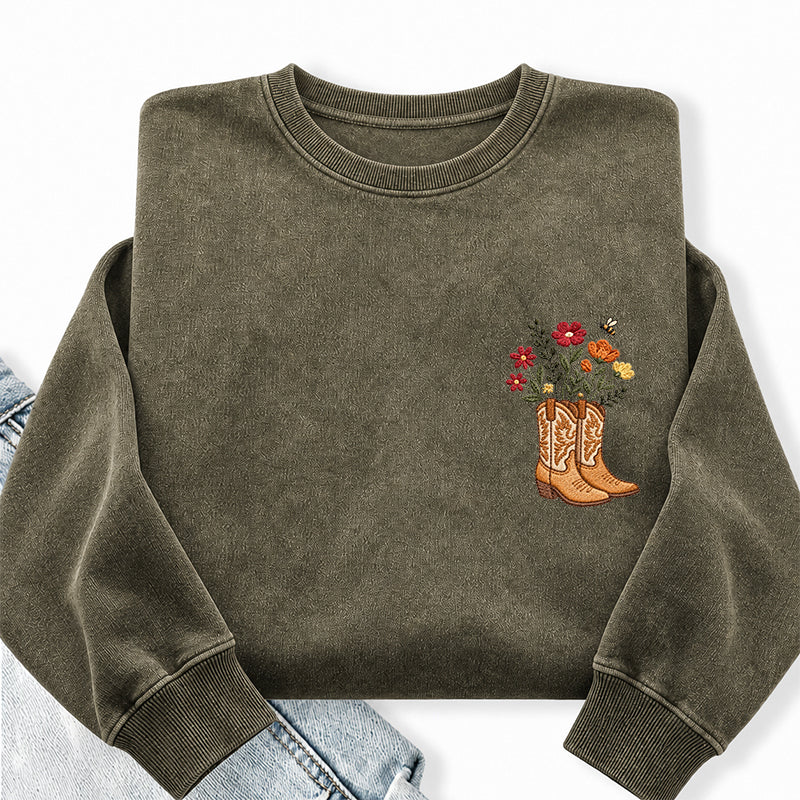 Embroidered Flower Cowboy Boots Washed Crewneck Sweatshirt