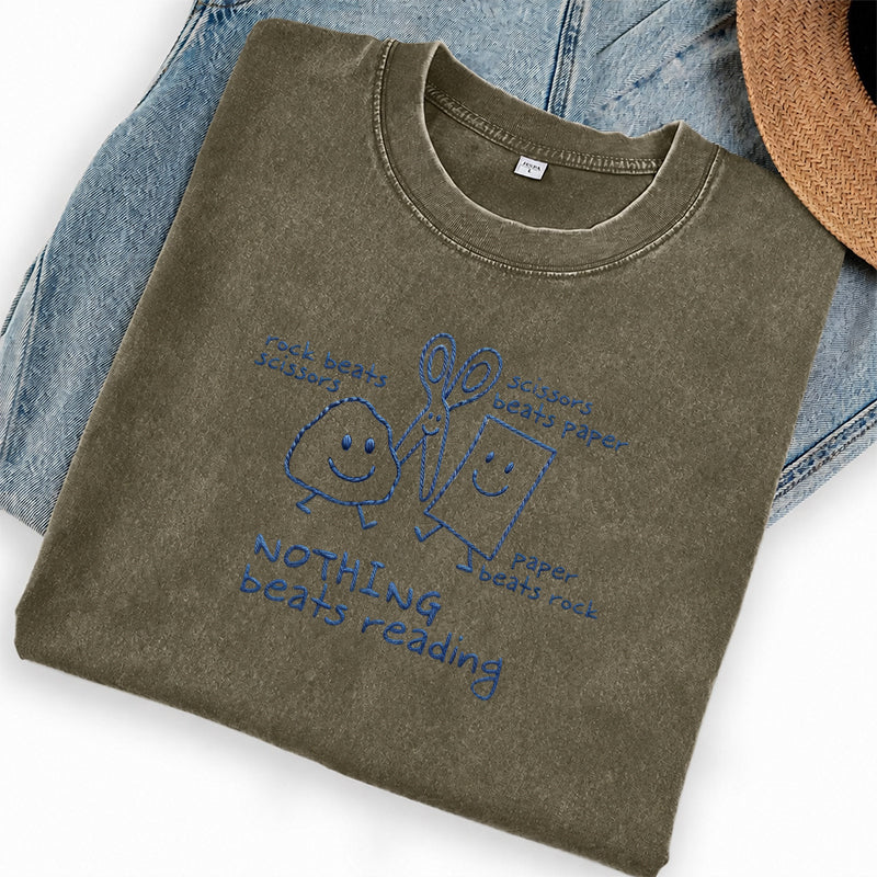 Embroidered Nothing Beats Reading Washed Crew Neck T-Shirt