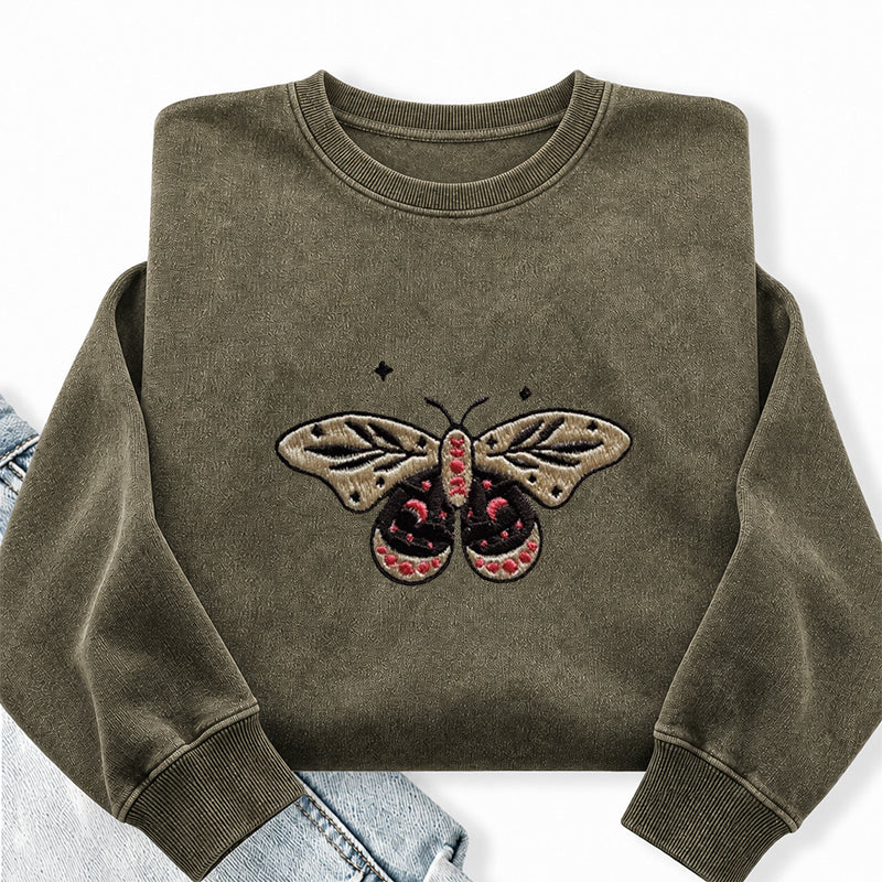 Embroidered Moth Butterfly Washed Crewneck Sweatshirt