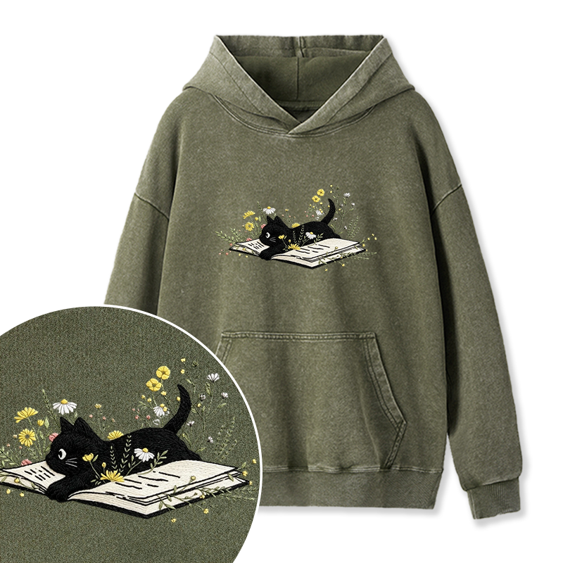Embroidered Floral Book Cats Washed Hoodie