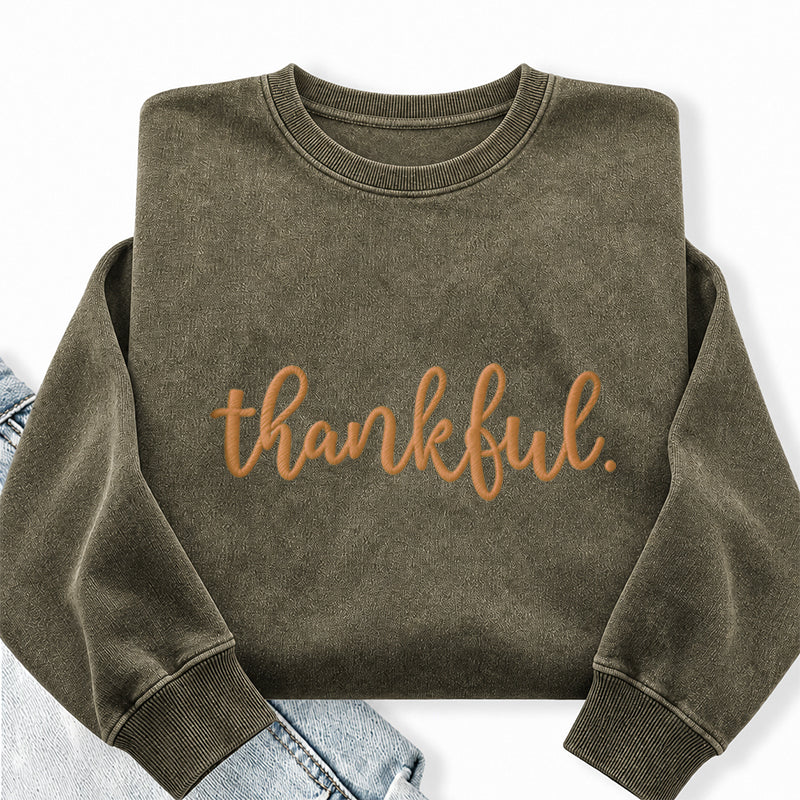 Embroidered Thankful Thanksgiving Washed Crewneck Sweatshirt