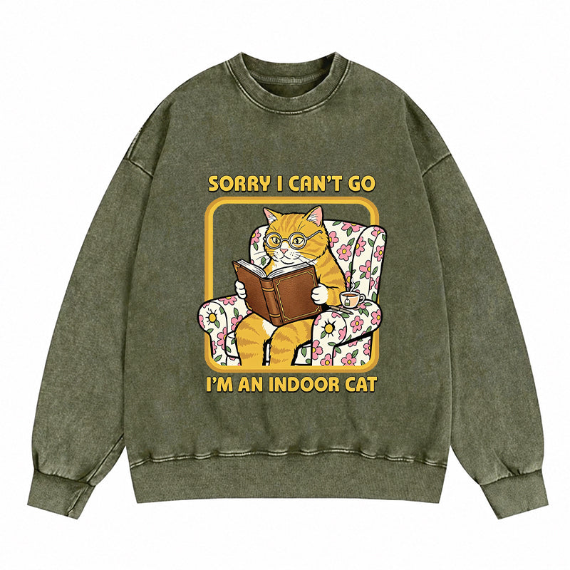 Sorry I Can't Go I'm an Indoor Cat Washed Crewneck Sweatshirt