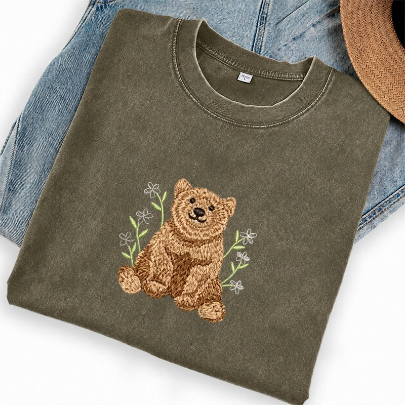 Embroidered Floral Bear Washed Crew Neck T-Shirt