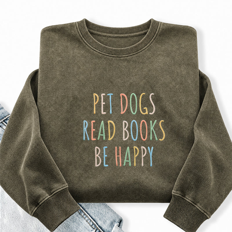 Embroidered Pet Dogs Read Books Be Happy Washed Crewneck Sweatshirt