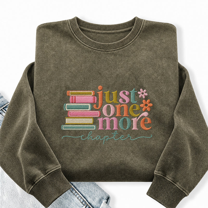 Embroidered Coloful Just One More Chapter Washed Crewneck Sweatshirt