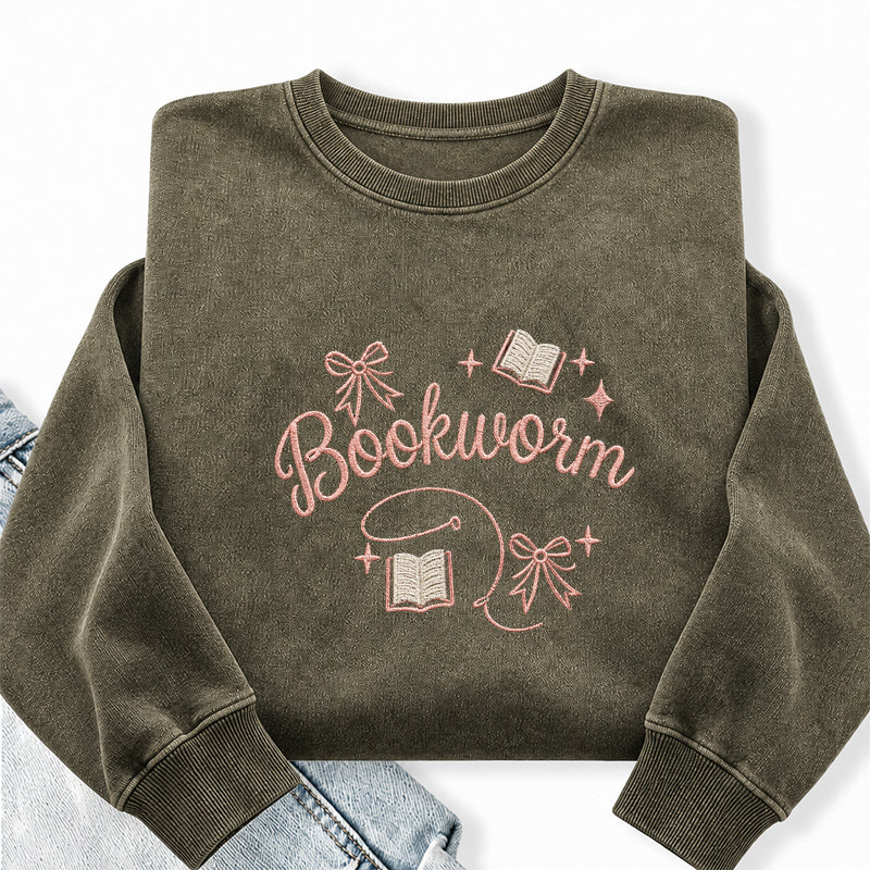 Embroidered Funny Bookworm Washed Crewneck Sweatshirt