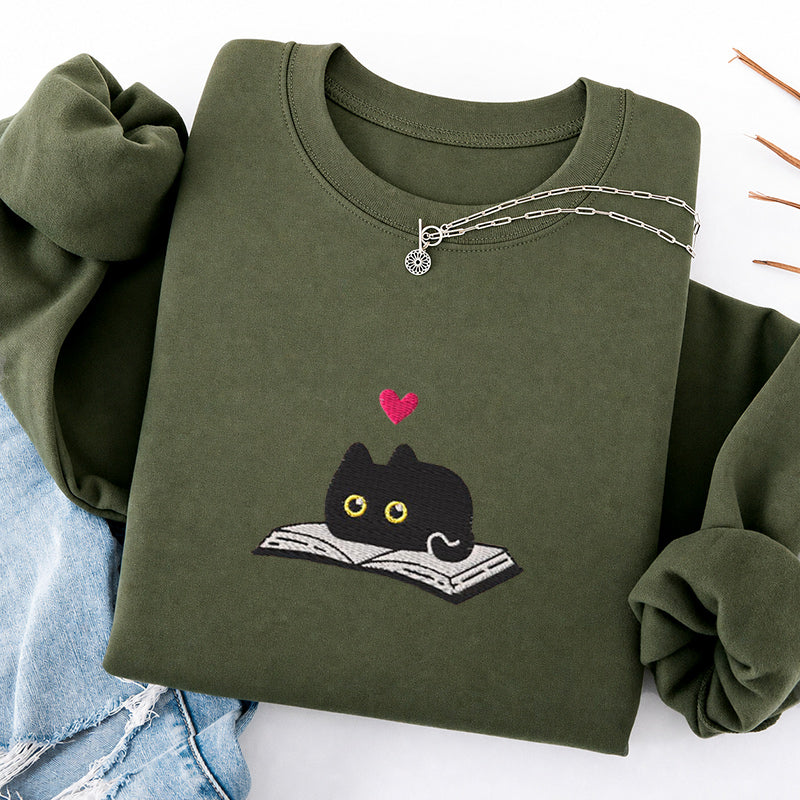 Embroidered Black Cat And Book Classic Crewneck Sweatshirt