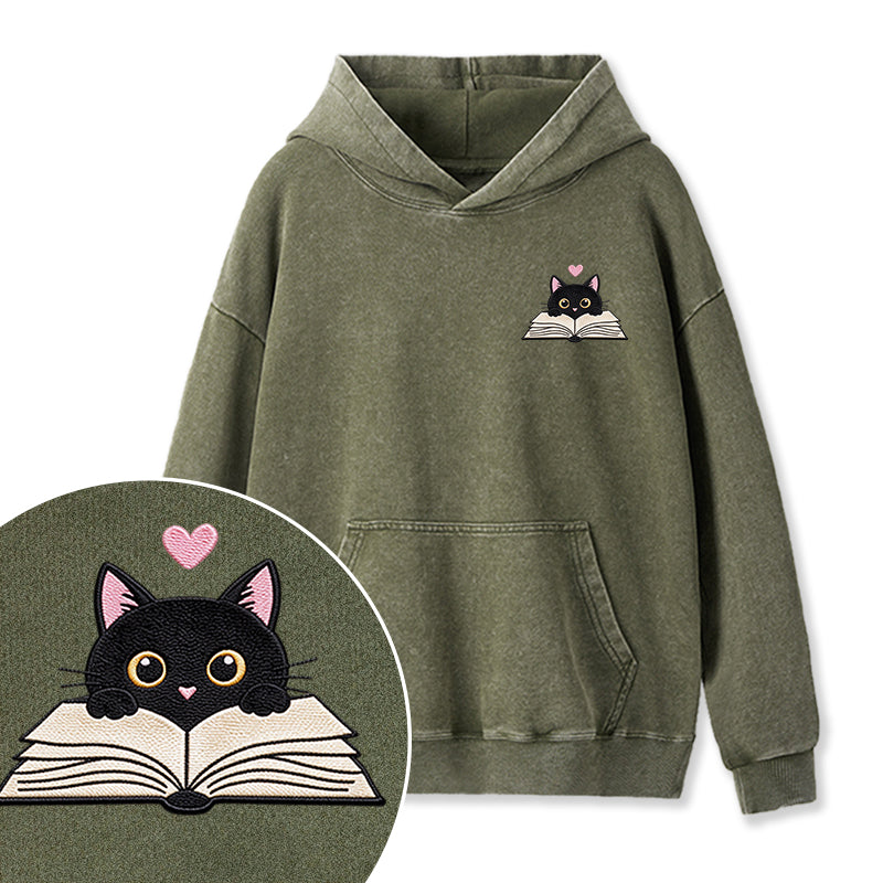 Embroidered Reading Black Cat Washed Hoodie