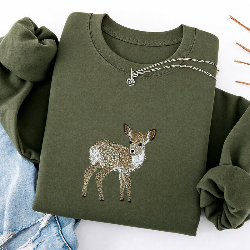 Embroidered Forest Deer Classic Crewneck Sweatshirt