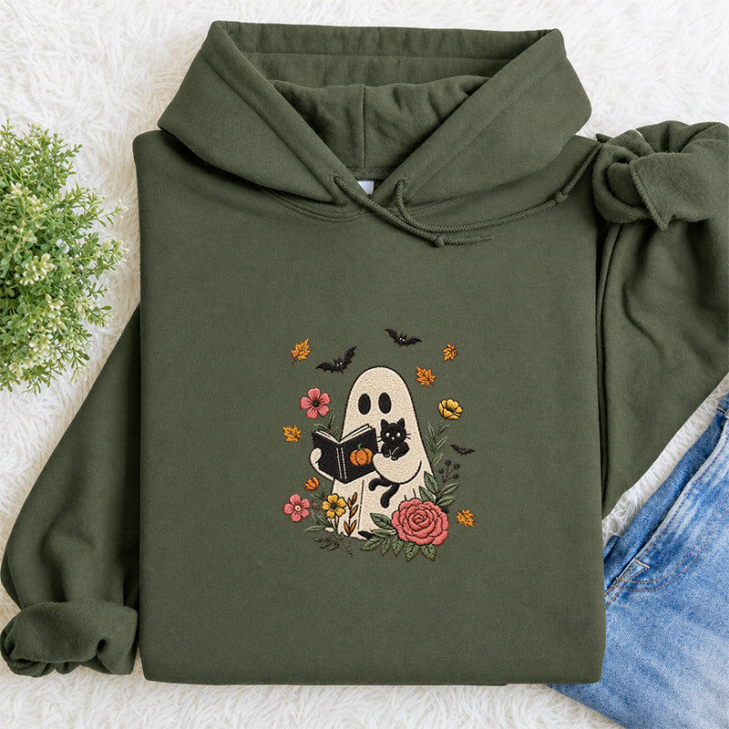 Embroidered Floral Ghost Reading Classic Adult Unisex Hoodie