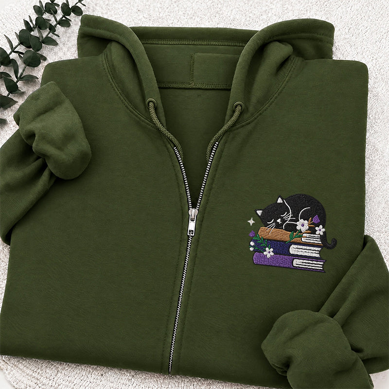Embroidered Cat Book Classic Full Zip Hoodie