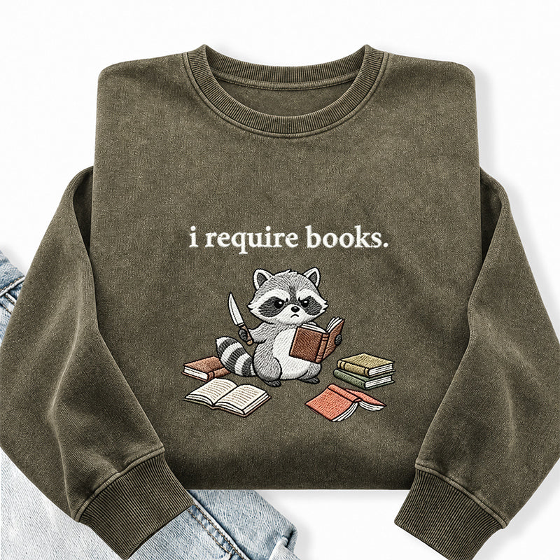 Embroidered I Require Books Raccoon Washed Crewneck Sweatshirt