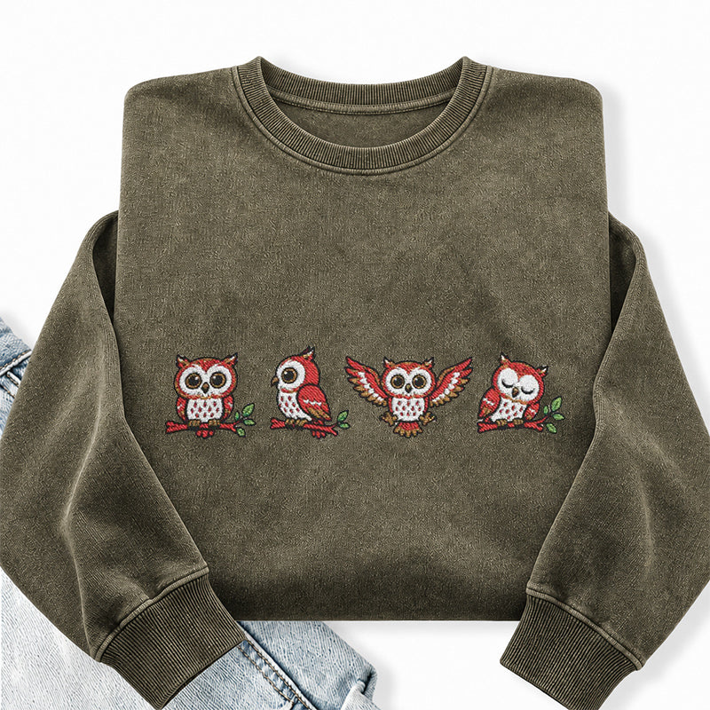 Embroidered Woodland Owls Washed Crewneck Sweatshirt