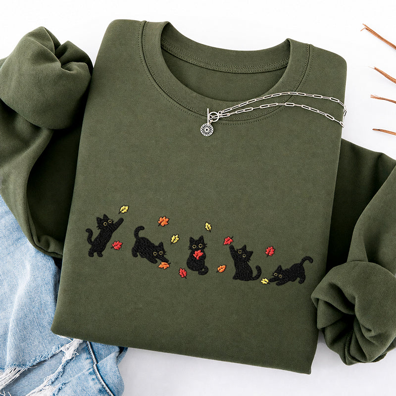Embroidered Autumn Leaves Black Cats Classic Crewneck Sweatshirt
