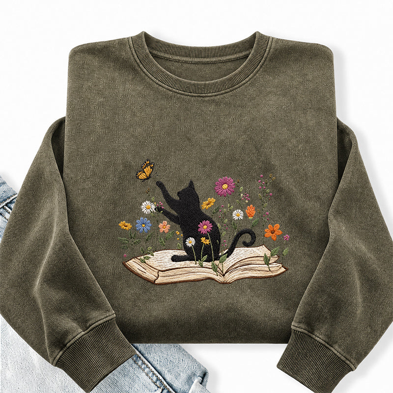 Embroidered Floral Book Cat Washed Crewneck Sweatshirt