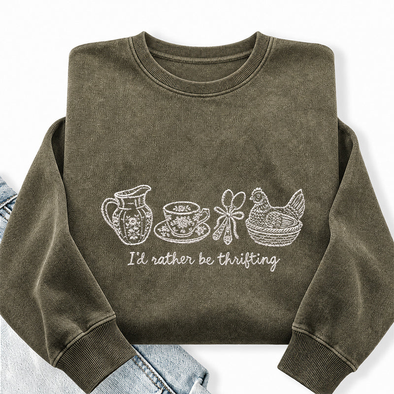 Embroidered I'd Rather Be Thrifting Washed Crewneck Sweatshirt