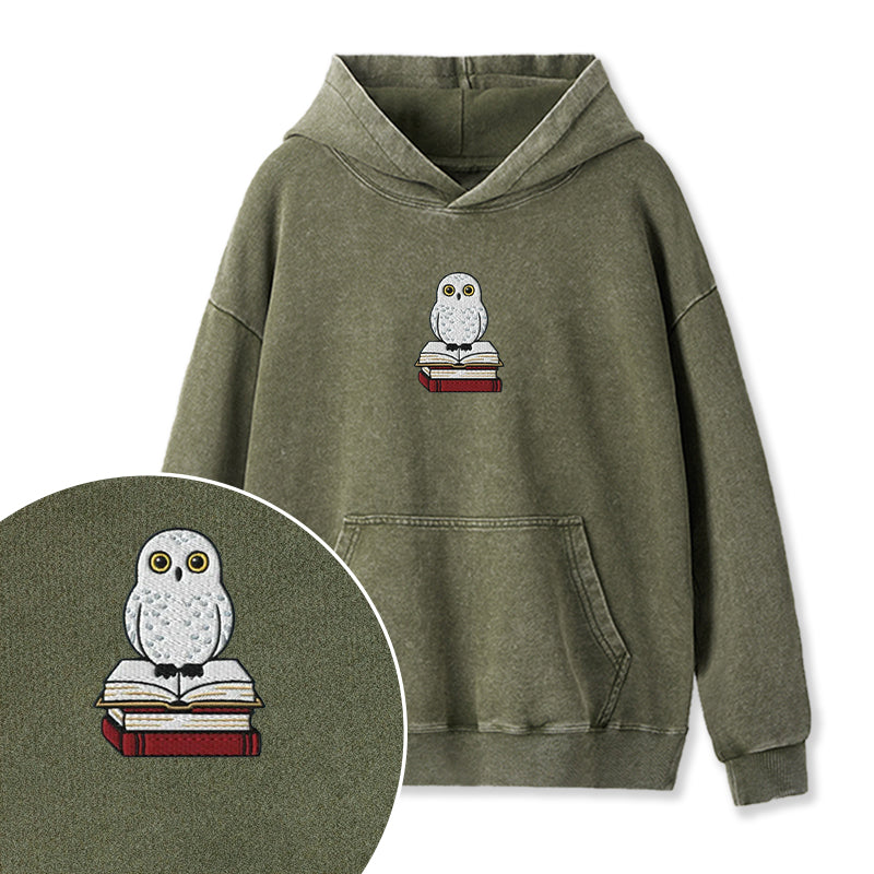 Embroidered Snow Owl On Bookstack Washed Hoodie