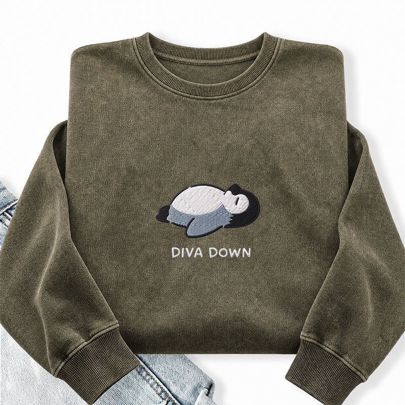 Embroidered Diva Down Penguin Washed Crewneck Sweatshirt