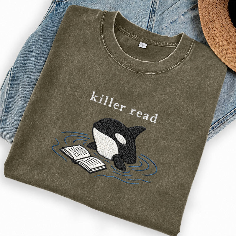 Embroidered Killer Read Orca Washed Crew Neck T-Shirt